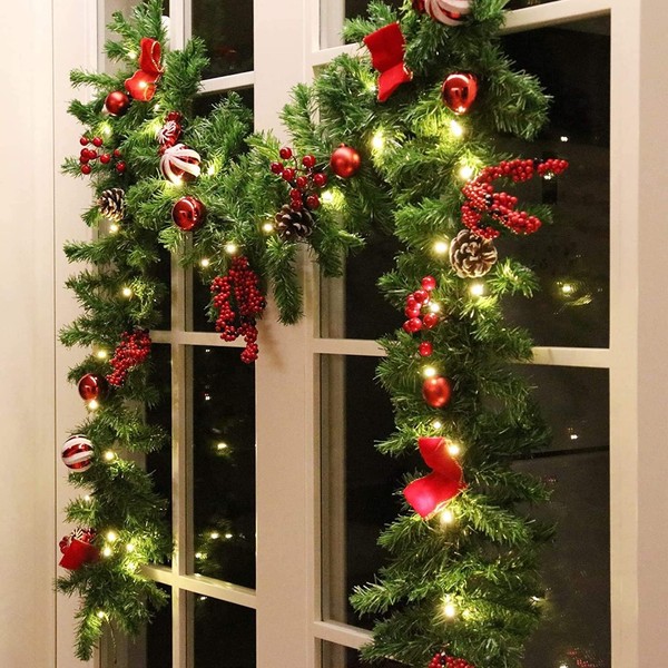 MorTime 9 FT LED Christmas Garland with Pinecones Red Berries