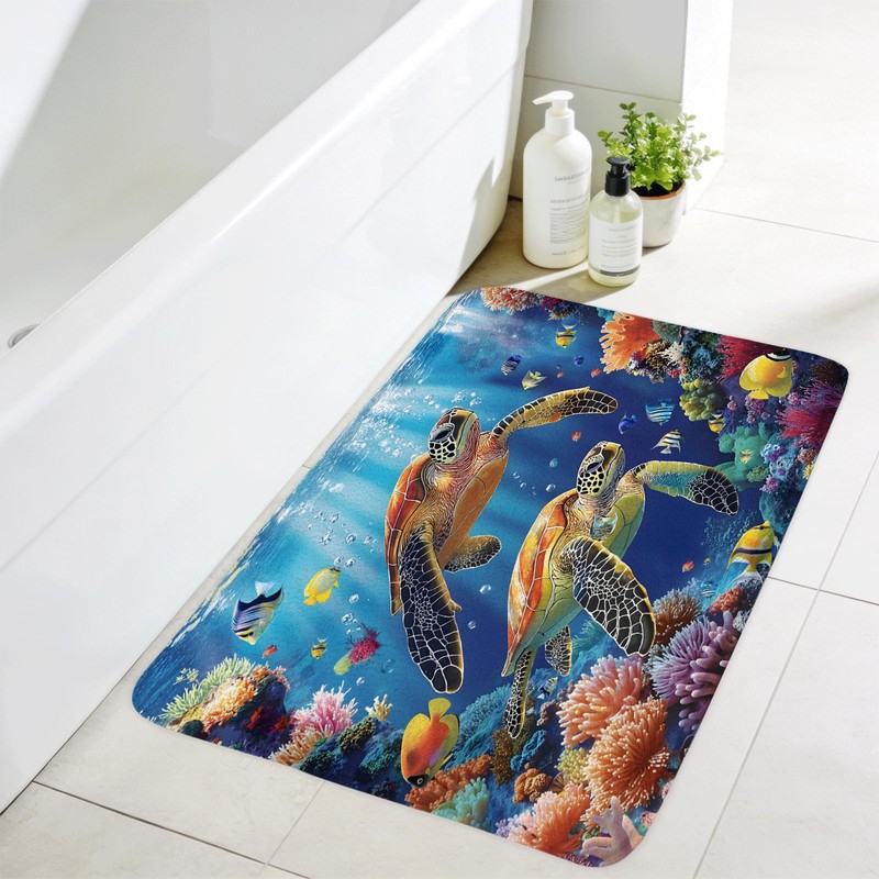 Sea Turtle Bath Mat, Blue Underwater World Tropical, 17.8x29.5 Inch