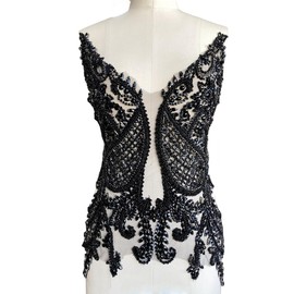 Zbroh Handmade Shining Rhinestones Lace Applique Handsewing Beads Patches Trimming Weddings Evening Party Prom Dresses Accessories 15X22in (Black)