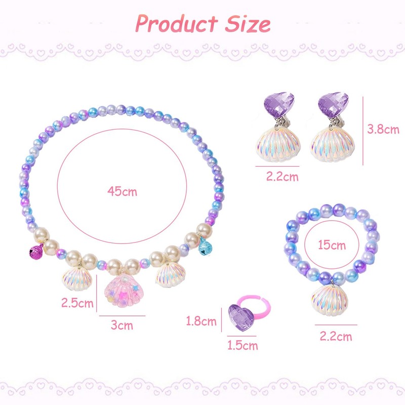 HEOXIN Girls' Mermaid Shell Jewellery Sets, Necklace Earring Bracelet Ring