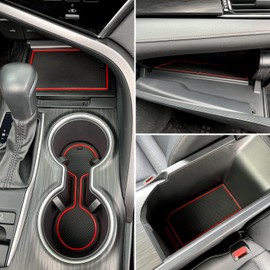REMOCH for Toyota Camry Accessories 2018 2019 2020 2021 2022 2023 2024 Custom Cup Holder Insert, Center Console Liner Organizer Door Pocket Mats Pad (Red Trim) - 16 Pcs Set