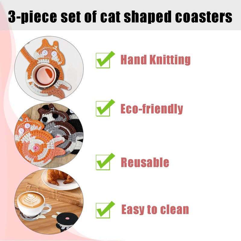3PCS Cat Coaster Set - Creative Woven Cat Design Insulation