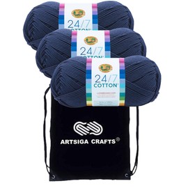 Lion Brand 24/7 Cotton Navy 761-110 (3-Skeins - Same Dye Lot) Worsted Medium #4 Cotton Yarn for Crocheting and Knitting - Bundle with 1 Artsiga Crafts Project Bag