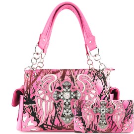 Zelris Camouflage Shine Glow Cross Wings Women Conceal Carry Handbag with Wallet (Rose)