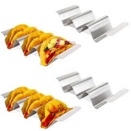 sinzau Pack of 4 Taco Holder, Stainless Steel Taco Stand, Reusable Taco Rack, Holder Stand in Waveform, Tray Holder Hold, with Handles, for Hot Dogs, Sandwiches and Pancakes, Silver