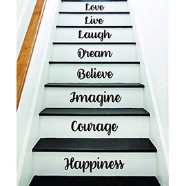 Happiness Courage Imagine Stairs Original Quote Wall Decal Sticker Decor Room Art Vinyl Joy Peace Fitness Family Home House Staircase Love Beautiful Inspirational Laugh Love Live