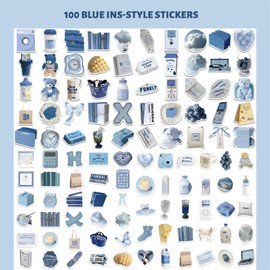 BellaBlend Pack of 100 Aesthetic Stickers, Y2K Aesthetic Stickers for Water Bottles, Trendy Blue Stickers for Adults, Teens, Girls