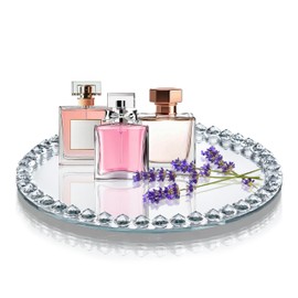 kanpura Crystal Perfume Tray Mirror Glass Makeup Vanity Organizer Jewelry Trinket Display Mirrored Decorative Tray for Bathroom Bedroom, Home Decor, Hotel Banquet, Party(Round 10 inch) (Silver)