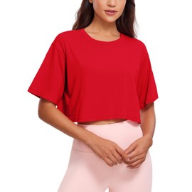 CRZ YOGA Women's Pima Cotton Workout Crop Tops Short Sleeve Yoga Shirts Casual Athletic Running T-Shirts Festival Red Small