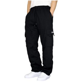 Men's Cargo Sweatpants Casual Fleece Joggers Loose Fit Open Bottom Athletic Pants for Men with Pockets Black 2XL