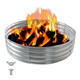 4FT Galvanized Fire Pit Ring, Foldable 48 Inch Silver Round Galvanized Fire Ring Outdoor Pits Raised Garden Bed for Backyard (Silver, 4x4x1FT)
