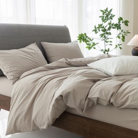 ELIMMO Bedding Duvet Cover Set Linen Like Texture 100% Cotton 3 Pieces with Zipper Closure Super Soft Cozy Breathable Natural Dreamy Chic Feel (Beige Grey, King)