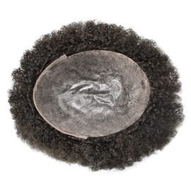 Afro Toupee For Black Men Full Poly Skin PU Injection 6mm Afro Wave Human Hair Men Replacement System Afro Kinky Curl Men Hair Units (1# Jet Black,12MM Afro)