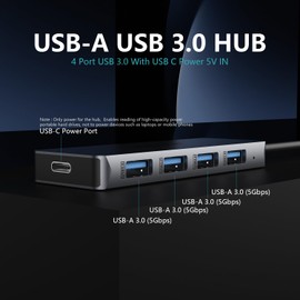 DIKEQINN USB 3.0 Hub 4 Ports with USB-C Power Port, High-Speed Data Hub & Extender for Laptop, Desktop, PC - Compatible with Windows, Linux, HP (USB-A)
