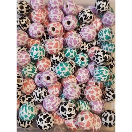 10Pcs Mixed Animal Print Round Wooden Beads 16mm DIY Focal Pink Black Purple