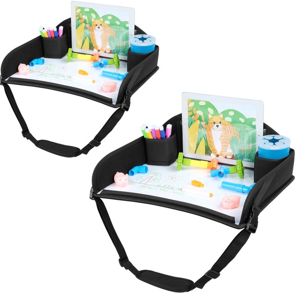 COOLBEBE Kids Travel Tray for Toddler Car Seat, 2PCS Travel Tray for Airplane, Toddler Car Seat Lap Tray, Carseat Table Tray for Kids Travel Activities, （Black 2pieces）
