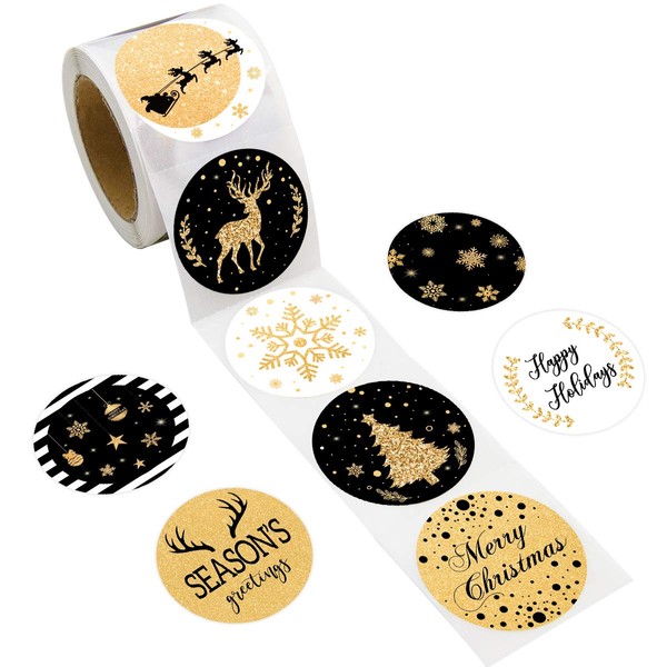 Christmas Stickers for Envelopes Holiday Labels 500PCS Black & Gold Seals Faux Glitter for Holiday Christmas Party Decoration