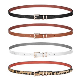 JASGOOD 4 Pack Women Skinny Leather Thin Belt Waist Belt with Gold Buckle for Jeans Pants Dress（Black+Brown+White+Leopard，Suit for Waist Size 30"-36"）