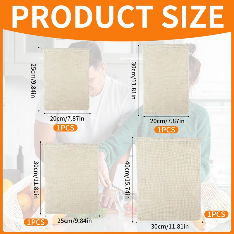 Fruit Bags Set for Cooking & Storage, 4 Sizes, 100%