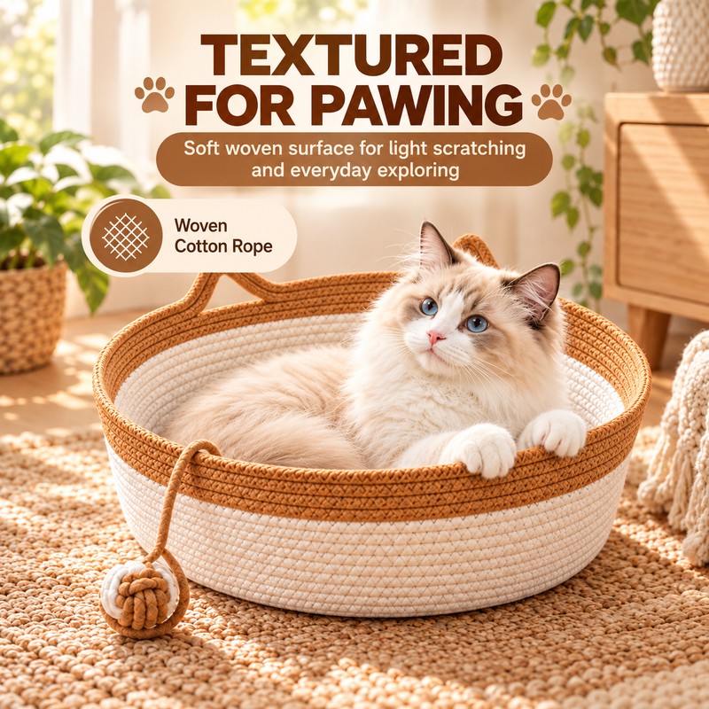 Interactive Woven Cat Bed with Toy Tail – 3-in-1 Cotton