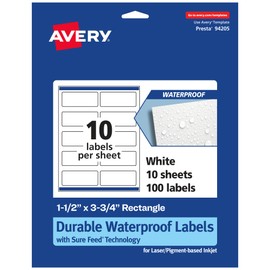 Avery Durable Waterproof Rectangle Labels with Sure Feed, 1.5" x 3.75", 100 Oil and Tear-Resistant Waterproof Labels, Print-to-The-Edge, Laser/Pigment-Based Inkjet Printable Labels