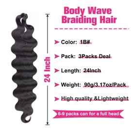 Unionbeauty 24 Inch 3 Pack Body Wave Braiding Hair Black Pre-Feathered Braiding Hair French Curl Crochet Braids Body Wave Crochet Hair for Boho Box Braids Synthetic Hair Extension Crochet Braids (1B#)