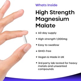 Magnesium Malate Supplements 1000mg – High Absorption Vegan Capsules for Bone Health & Sleep Support – 2-Month Supply – Pure Elemental Magnesium – High Strength Formula (Not Tablets)