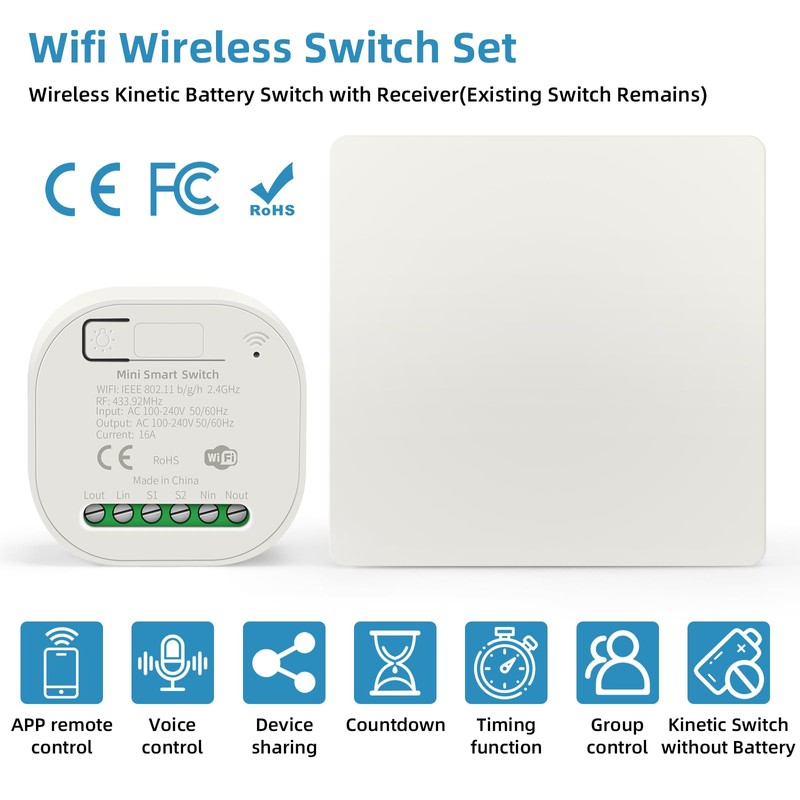 RGBZONE WiFi Smart Wireless Lights Switch Kit 16A 100-240V 1-Way/