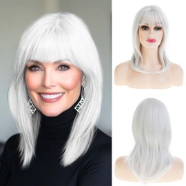 Beweig Layered White Wigs for Women Shoulder Length Straight Wig with Bangs Natural Synthetic Cosplay Replacement