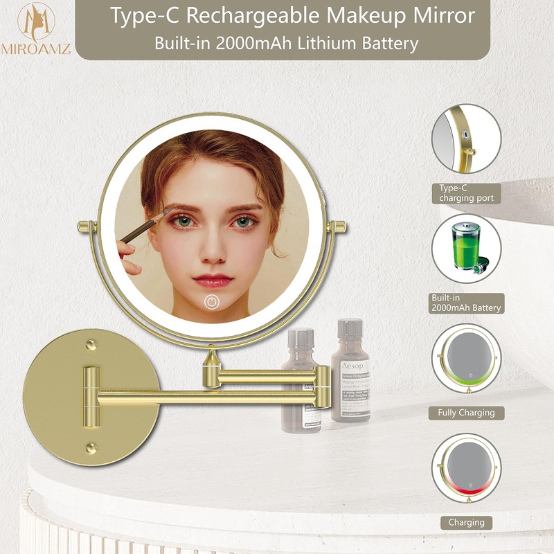 MIROAMZ Rechargeable Wall Mounted Lighted Makeup Vanity Mirror 8 Inch