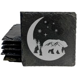Mystic Moon and Stars Slate Coasters - Laser Etched Bear and Mountain Scene - Unique Home Decor Gift - Square Slate - set of 4
