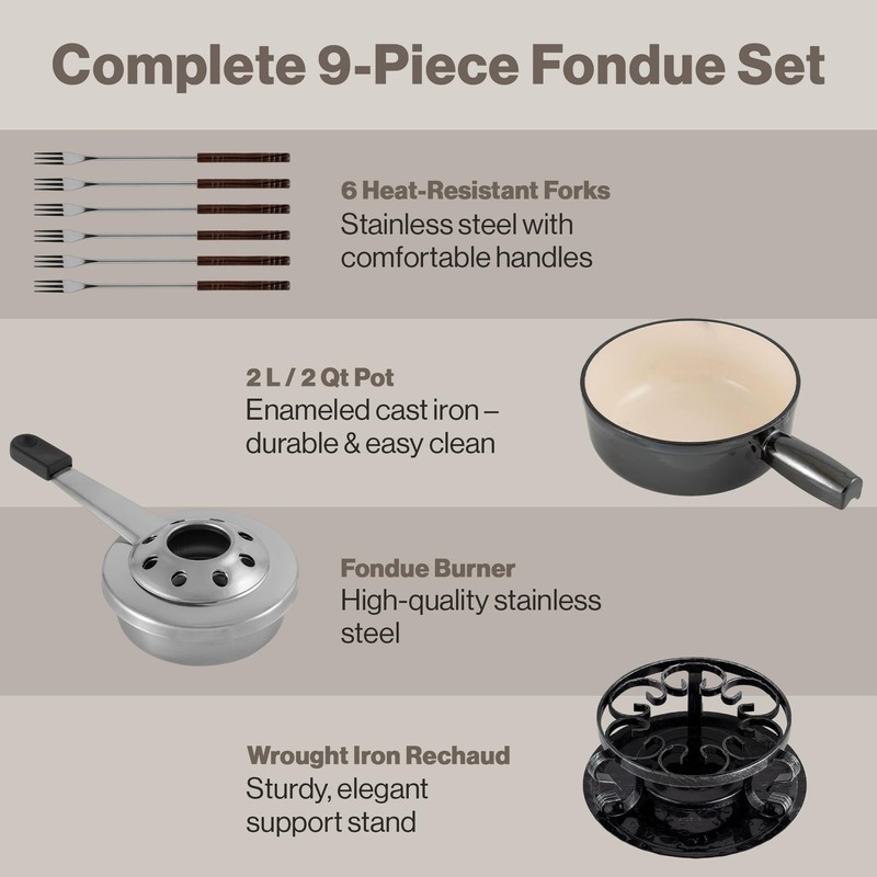 Swissmar Lugano Cast Iron Cheese Fondue Set, 9-Piece, 2 QT