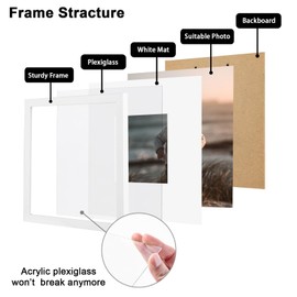 KINLINK 12x12 Picture Frames, White Frames with Plexiglass for Picture 8x8 with Mat or 12x12 without Mat, Composite Wood Picture Frames for Table Top and Wall Mounting, Set of 9