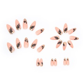 Press on Nails Medium Length Leaf Almond Fake Nails Gold Foils Exquisite Design Full Cover Nail Tips Nude Glossy Glue on Nails Fall Press on Nails for Women Girls 24Pcs