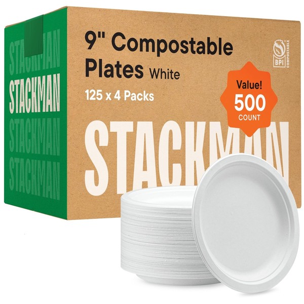 Stack Man 100% Compostable Paper Plates 9 Inch [500 Count]