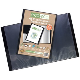 eco-eco A5 50% Recycled 20 Pocket Presentation Display Book- Sustainable Portfolio Folder for Artwork,Certificates, Documents - Eco-Friendly Storage Case, Ideal for School & Office Use-Black-Pack of 1