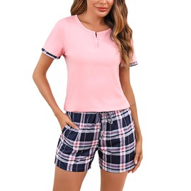 Irdcomps Women's Pyjamas Short Summer Cotton Sleepwear Sexy Pyjamas Set Short Sleeve with Shorts Checked, pink