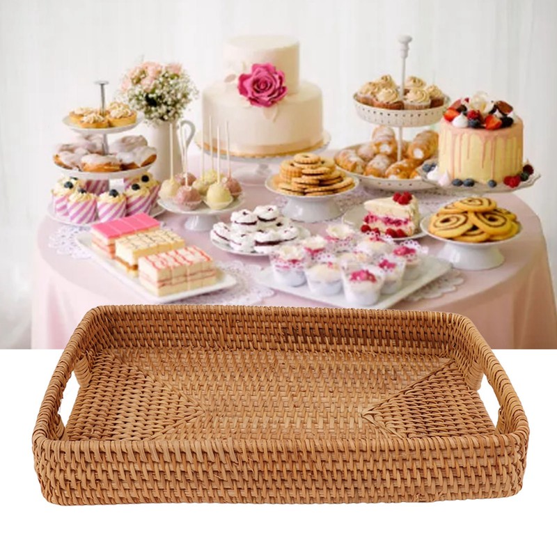Serving Basket Tray with Handles Rattan Rectangle Large Capacity Durable