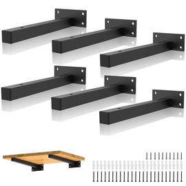Floating Shelf Brackets 10 Inch, Heavy Duty Black Industrial Pipe Brackets Metal Wall Mounted with Screws & Anchors,Square Black Shelves Bracket for DIY Home Décor / Storage / Farmhouse, 6 Pack