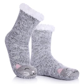 DYW Women Winter Thick Slipper Socks with Grippers Non Slip Warm Fleece Lining Fluffy Fuzzy Socks Christmas Gifts (Cat B)