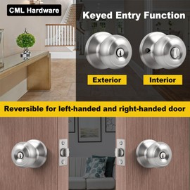 CML Hardware (2 Pack) Entry Door Knob, Keyed Different Door Lock Sets in Solid Stainless Steel for Entrance, Exterior and Interior, Round Ball Handle