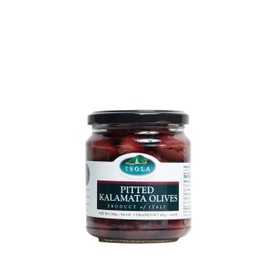 Isola Greek Kalamata Pitted Olives, 9.8 oz Jar, Dark Purple Almond-Shaped Olives with Fruity Wine-Infused Flavor, Packed in Water, Ideal for Antipasti, Appetizers, and Mediterranean Cuisine