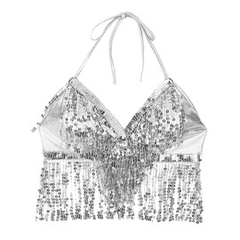 LuckyMoon Belly Dance Crop Top, Women's Sequin Beaded Halter Top Bra, Fringe Bandage Tank Top Backless Tube Bra Silver