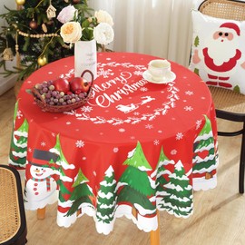 iEvery Round Christmas Tablecloth Wipe Clean Table Cloth 150cm, Polyester Water Resistant Circular Festive Table Cover for Home Banquet Xmas New Year Party Decoration
