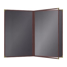 Burgundy, 10 Pack, 4 View - 8.5" x 14", Pajco Style Restaurant Menu Cover, Side-Loading, Single Stitched Edge, Crystal Clear Vinyl Menu Holder with Leatherette Trim, and Gold Decorative Corners