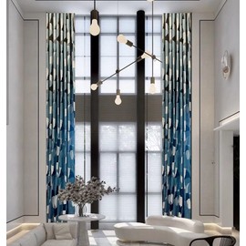 Ikiriska Extra Long Curtains with Geometrical Pattern 8-24 ft Length. (1 Panel). Custom Made Drapes. 50-100" Width. for high Tall Ceiling (50″Wx168″L, Geometrical Black/Blue/Grey)