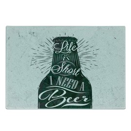 Lunarable Manly Cutting Board, Retro Lettering of Life is Short I Need a Beer Calligraphy Print Vintage Stripes, Decorative Tempered Glass Cutting and Serving Board, Small Size, White and Black