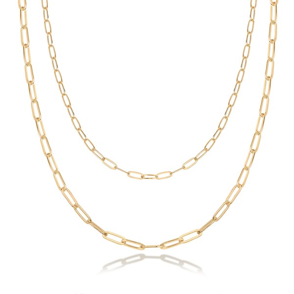 PAVOI Womens 14K Gold Plated Yellow Gold Layered Paperclip Necklace, Double Linked Paper Clip Design