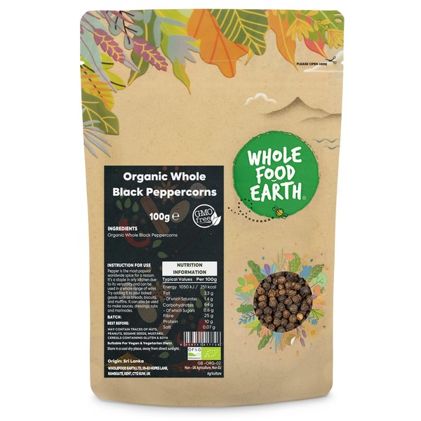 Whole Food Earth® - Organic Whole Black Peppercorns 100 g | GMO Free | Certified Organic