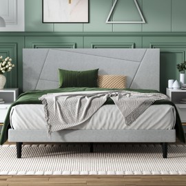IOILORI Queen Size Bed Frame, Queen Platform Bed Frame with Fabric Upholstered Headboard, Geometric Pattern, Sturdy Frame and Slats, Noiseless, No Springs Required, Easy to Assemble